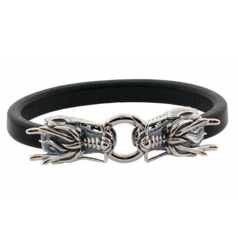 Bidende drager i læderarmbånd - sølv