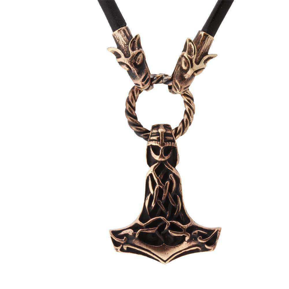 Thors hammer m./krigerhoved i læderkæde - bronze