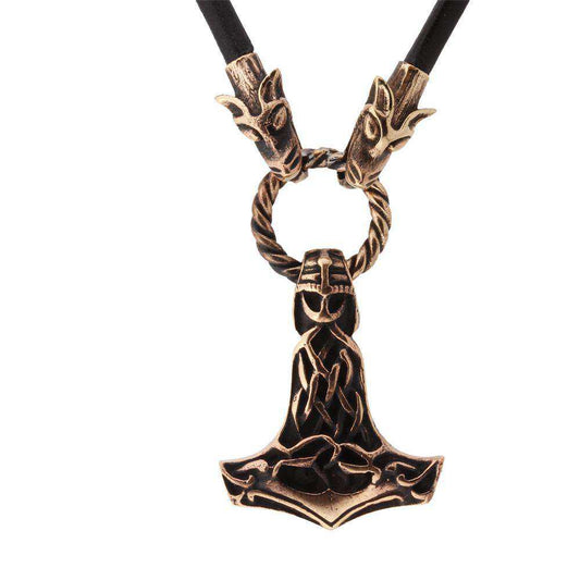 Thors hammer m./krigerhoved i læderkæde - bronze