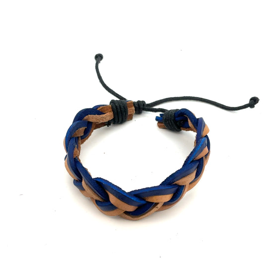 Læderarmbånd blå og brun flet - 10 stk.