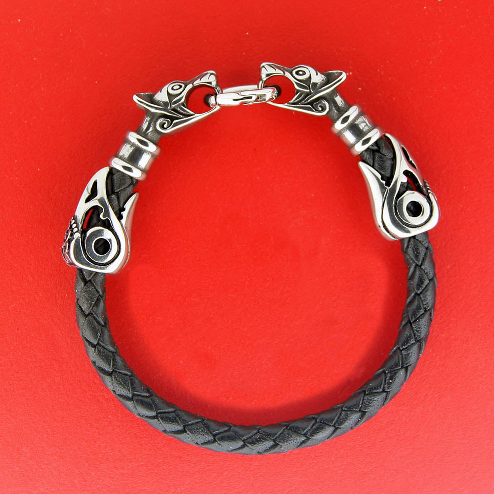Fenris læderarmbånd m/ravne - stål