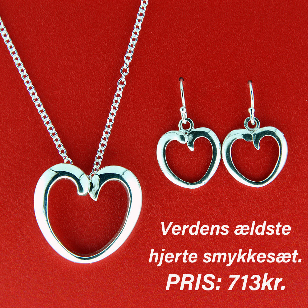 TILBUD Verdens ældste hjerte vedhæng og øreringe - sølv